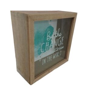 Wooden Shadow Piggy Bank Savings Coin Box Be The Change You Want To See Decor